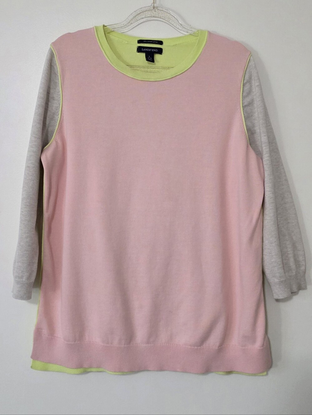Lands' End Colorblock Pastel Supima Cotton Sweater Preppy Soft Girl Layer Large